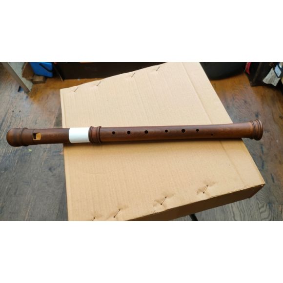 Tenor recorder by Hopf (C. 1978-85) Praetorius model. Stained maple. No case. Block needs attention. Chipped