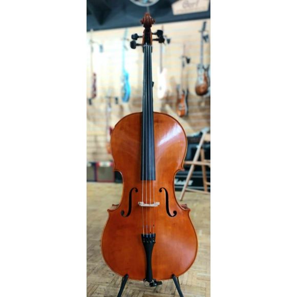 Modern European 4/4 cello, two piece back, amber/brown varnish, medium flame. Excellent condition. 