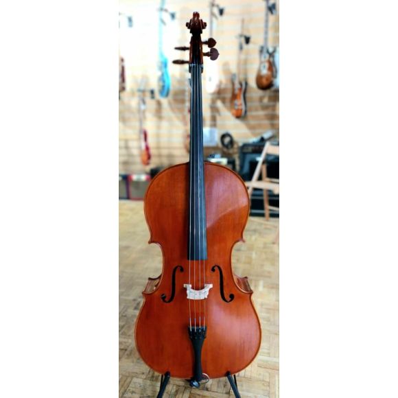 Modern European 4/4 cello, labelled Apollo 2023, two piece back, amber/brown varnish, medium flame. Excelle