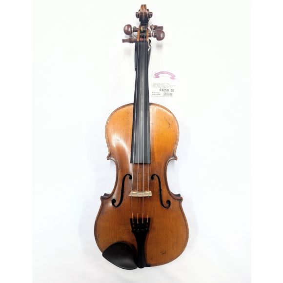German 4/4 violin c1900, labelled Stradivarius, Two piece back, Amber shaded varnish, medium flame, w/Bow a